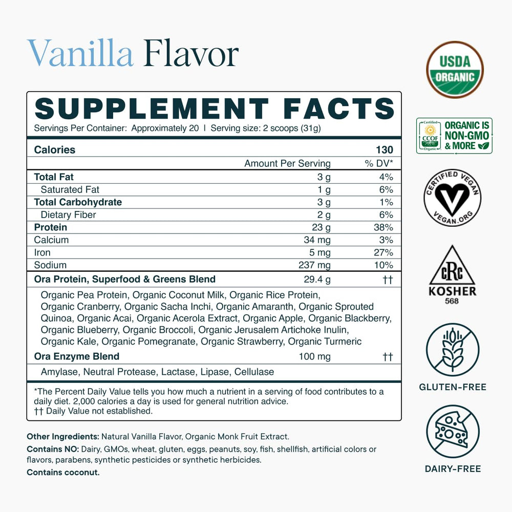 Ora Organic vanilla protein baking-ready powder beside measuring scoop