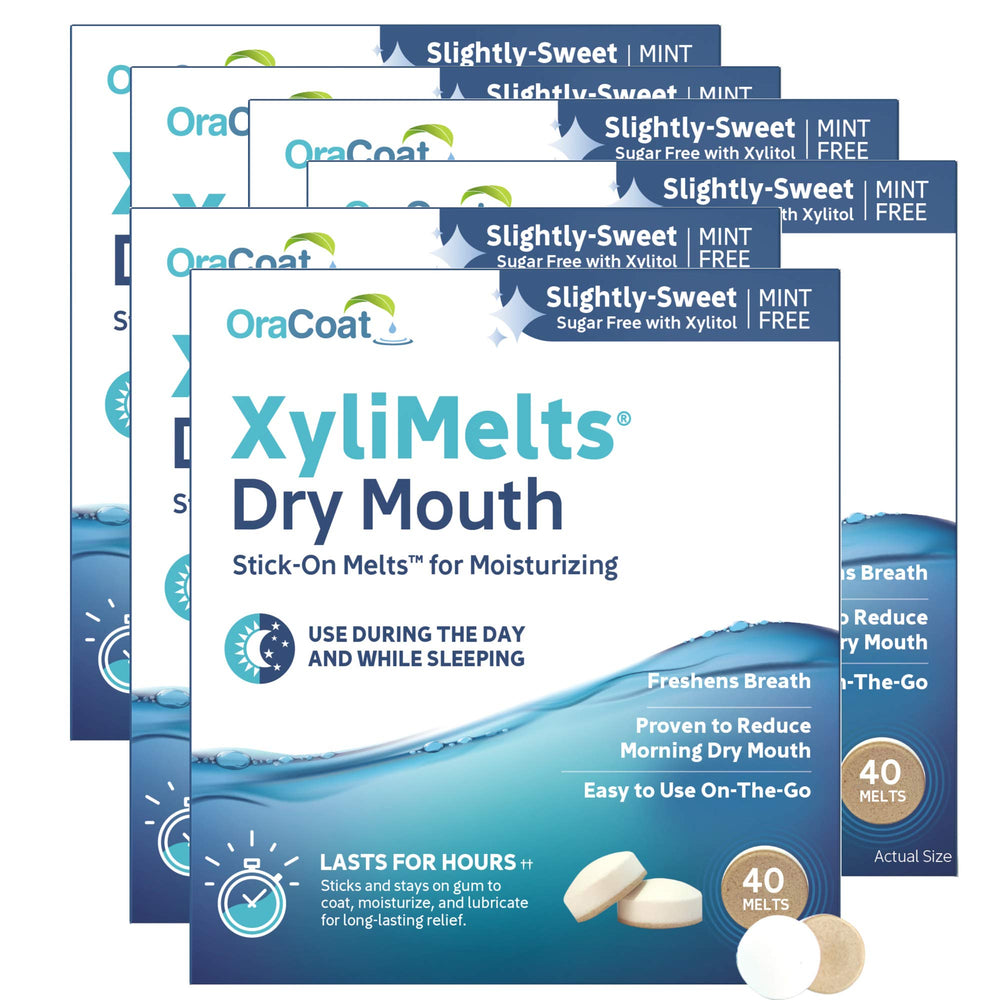 Oracoat XyliMelts blister pack image showing convenient travel-ready dry mouth relief