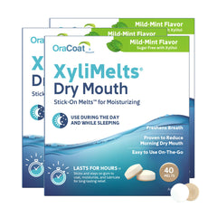 Oracoat XyliMelts packaging blister shown for travel-friendly dry mouth relief.