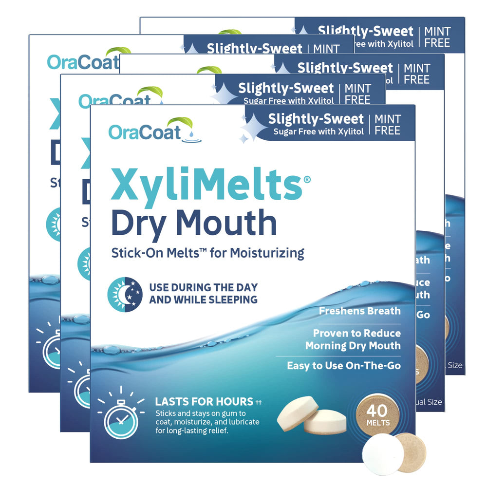 Oracoat XyliMelts pack of five for extended dry mouth relief on the go.
