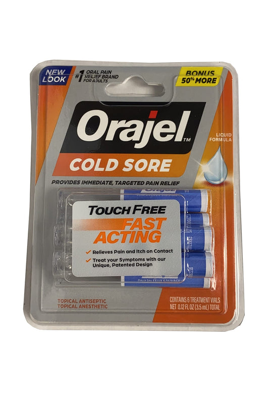 Orajel Touch-Free applicator cold sore bottle for mess-free application and symptom relief.