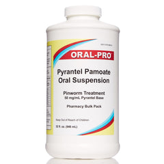Oral-Pro Pyrantel Pamoate suspension bottle with vanilla flavor for easy dosing.
