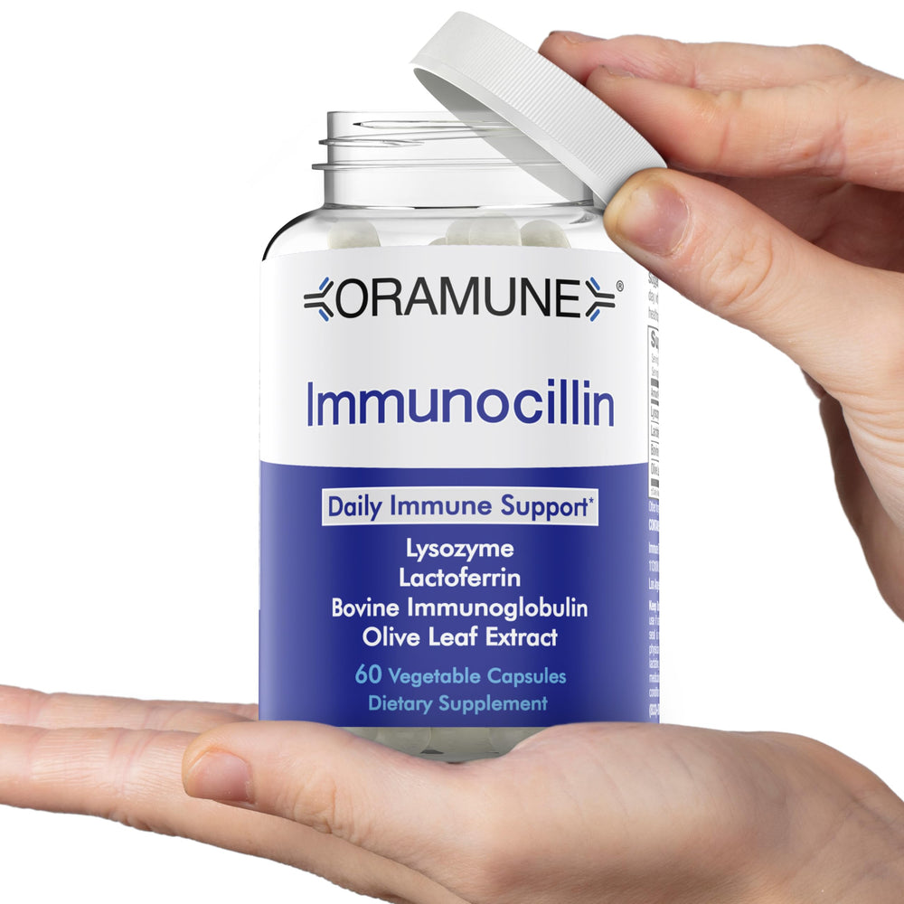 Oramune ImmunoCillin pill close-up emphasizing convenient daily capsules