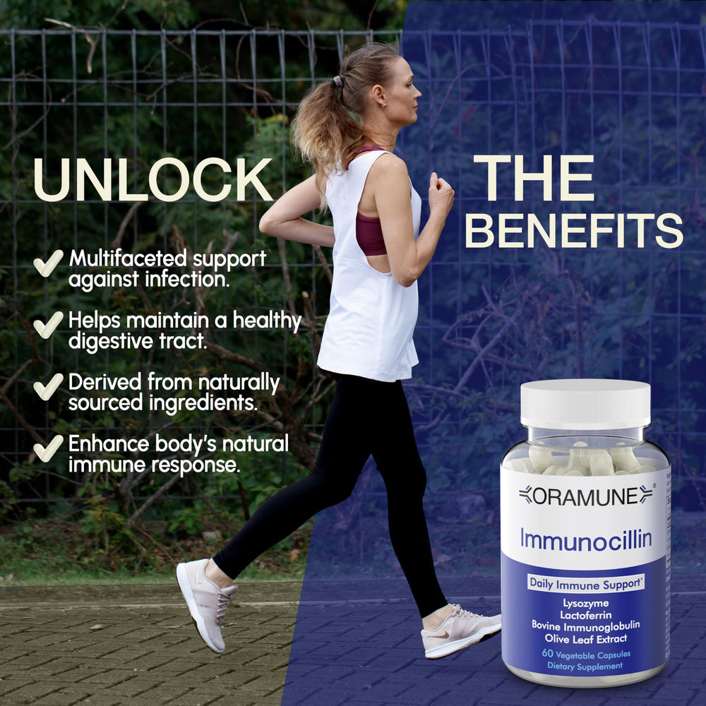 Oramune lactoferrin label close-up noting multi-tasking protein benefits