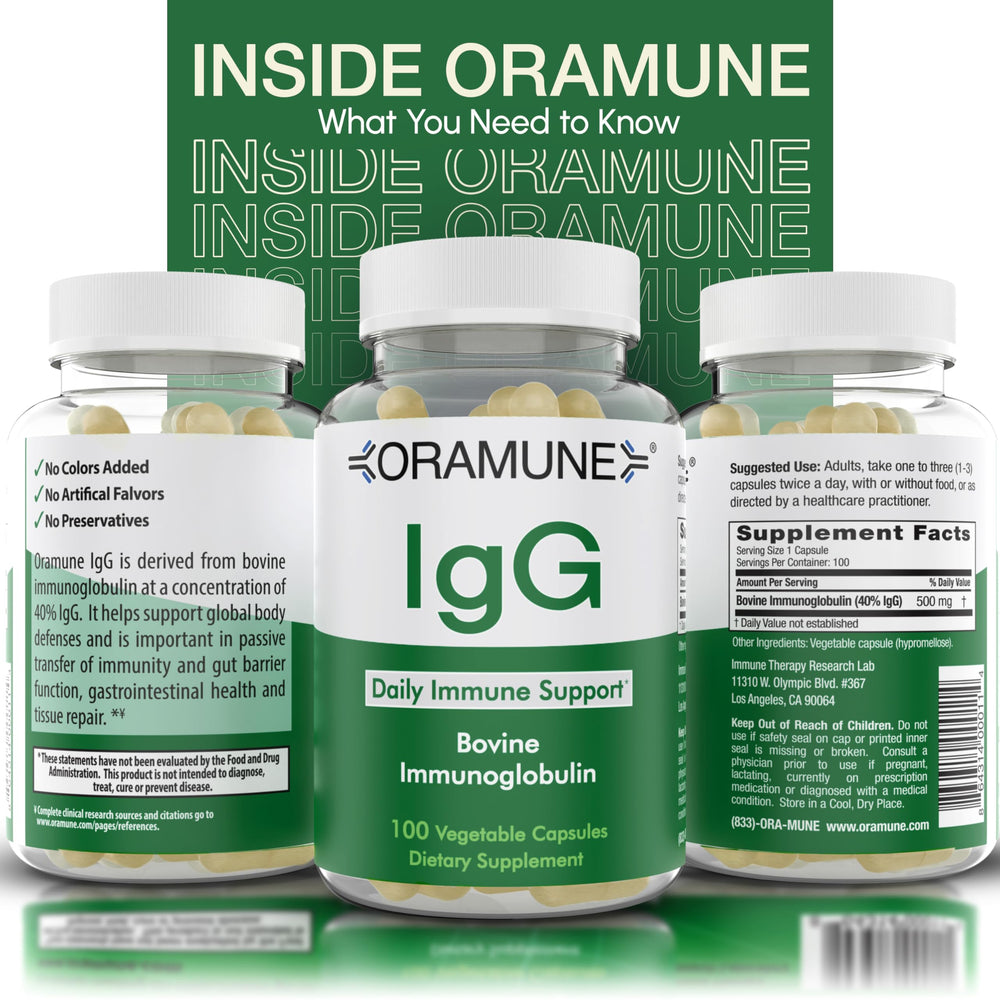 Oramune packaging side view showcasing bottle and label details