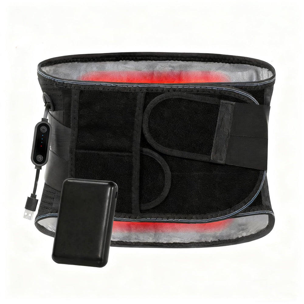 Oramuon heated back brace front-view shows heat and support