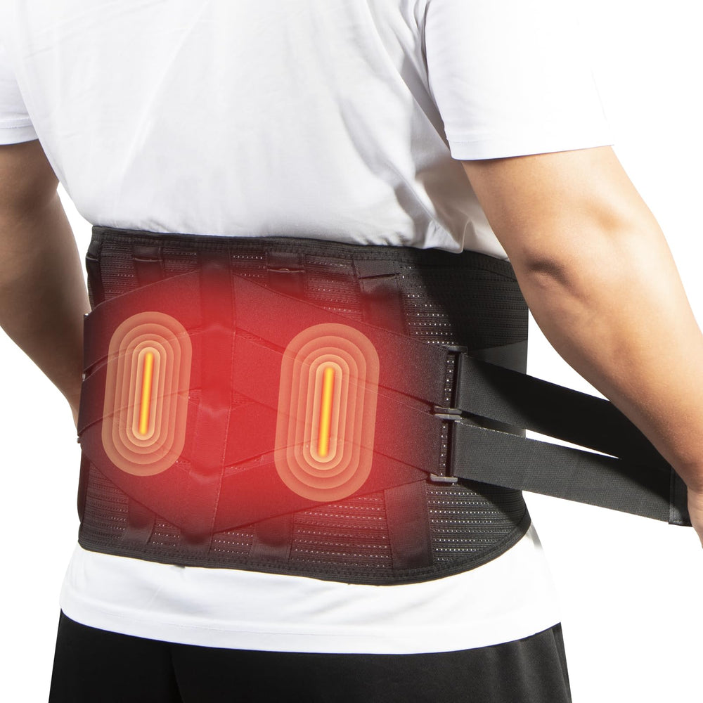 Oramuon heated back brace on a wearer for daily support