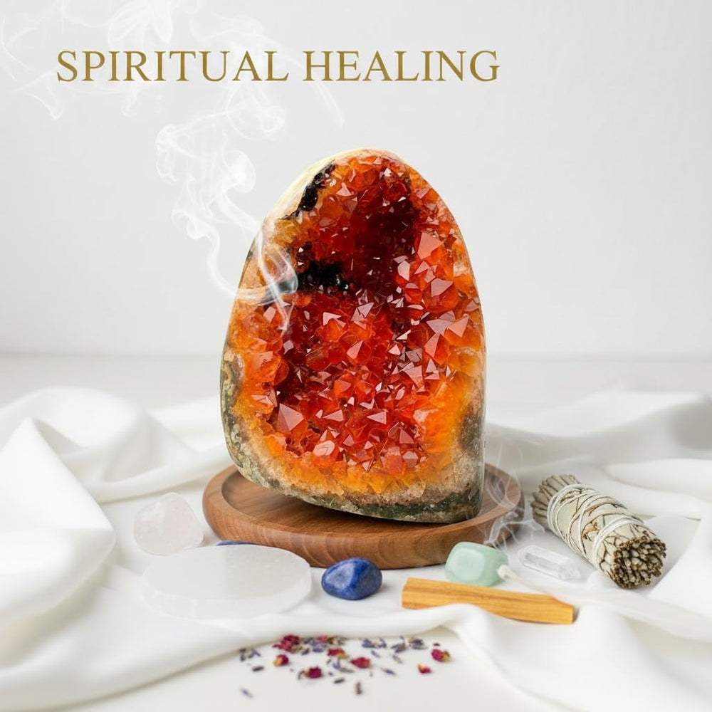 Orange Crystal Geode Cluster close-up reveals radiant crystals ideal for focal points