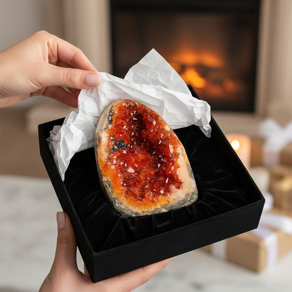 Orange Crystal Geode Cluster side texture shows natural edges for display interest