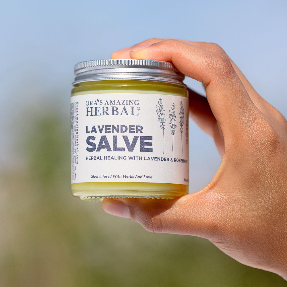 Ora's Amazing Herbal Lavender Salve hand application supports dry skin repair.