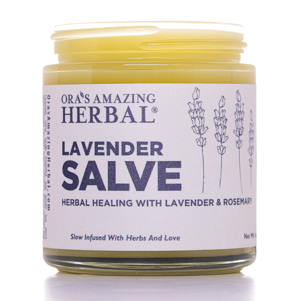 Ora's Amazing Herbal Lavender Salve jar close-up for deep moisturization.