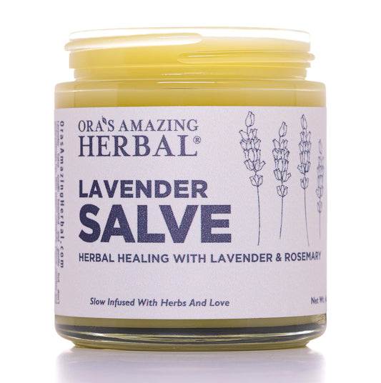 Ora's Amazing Herbal Lavender Salve jar close-up for deep moisturization.