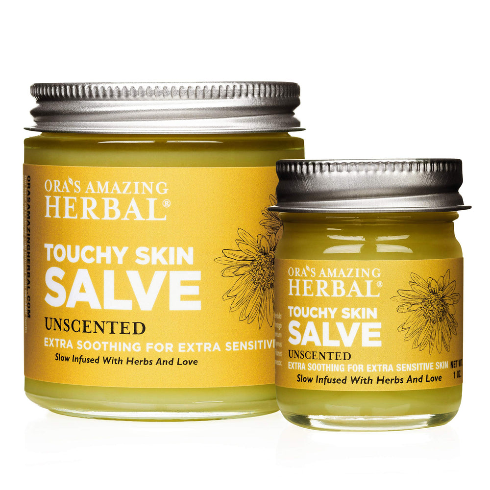 Bottle view of Ora's Amazing Herbal Touchy Skin Salve showing fragrance-free formulation