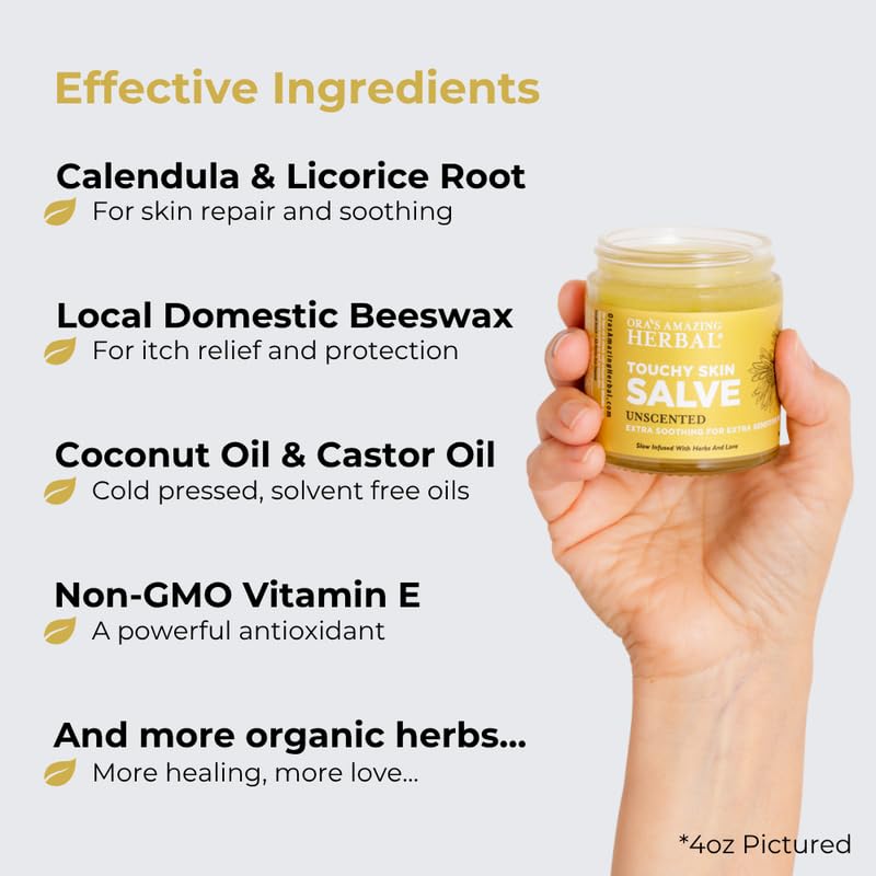 Ora's Amazing Herbal Touchy Skin Salve ingredients comfrey-castor-oil closeup