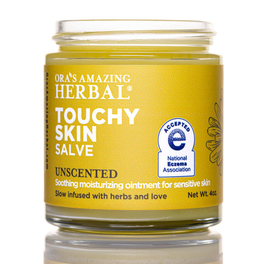 Ora's Amazing Herbal Touchy Skin Salve packaging front highlights fragrance-free skin care