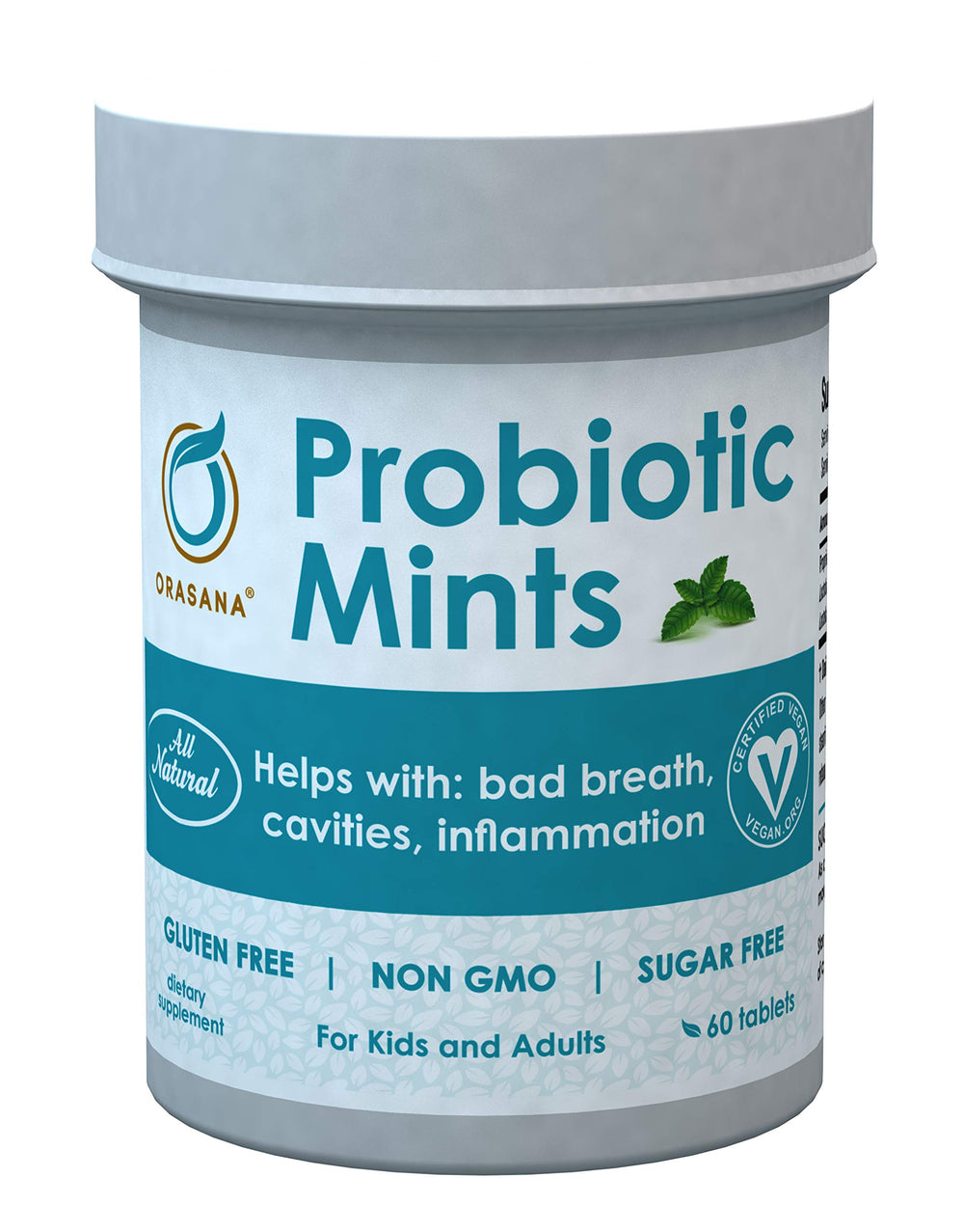 Orasana Probiotic Mints packaging showing vegan formula for on-the-go oral wellness