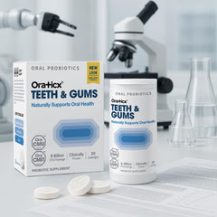 OraTicx brand logo visible on bottle for routine dental probiotic use.