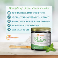 OraWellness Shine tooth powder on brush demonstrates simple daily whitening application