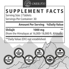 ORBILIVE Shilajit tablets close-up, emphasizing high mineral content.