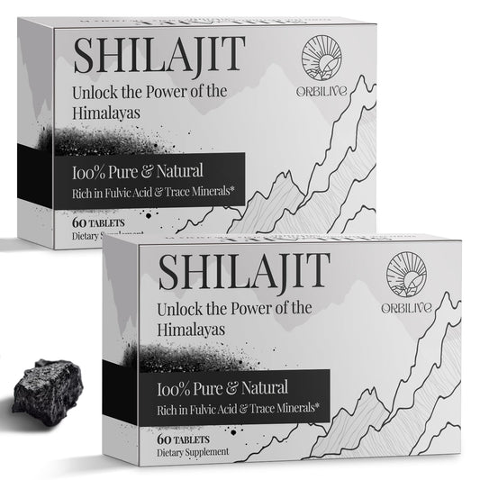 ORBILIVE Shilajit tablets from the Himalayas, highlighting origin and fulvic acid energy support.