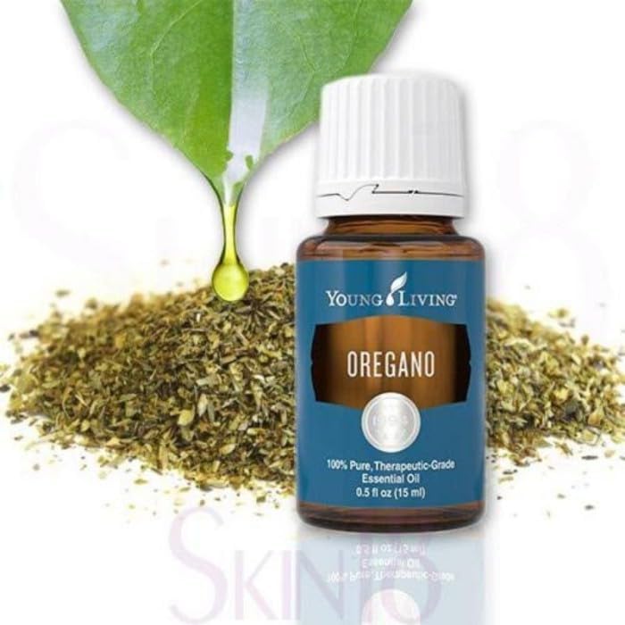 Oregano oil leaf-stem close-up highlighting 100% pure composition for versatile applications.