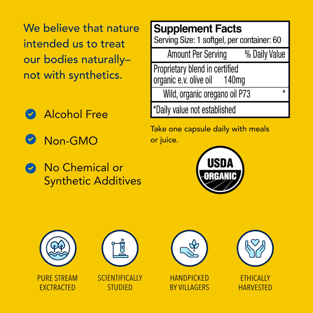 Oreganol P73 ingredient label highlights non-GMO and clean sourcing