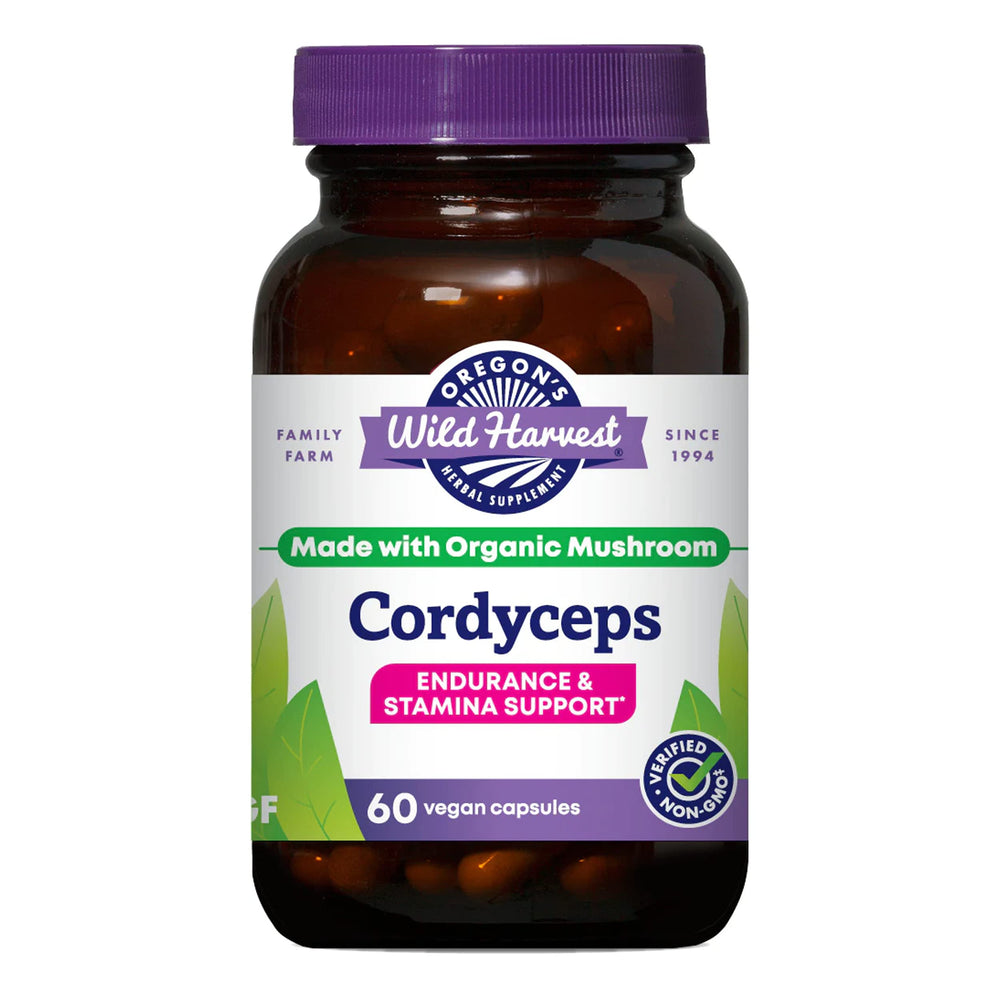 Oregon's Wild Harvest Cordyceps bottle front showing endurance support for workouts
