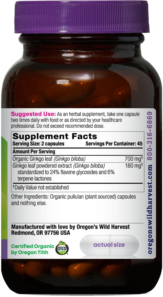 Oregon's Wild Harvest Ginkgo capsules closeup highlights standardized extract and whole leaf blend