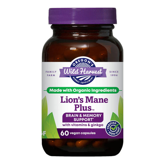 Oregon's Wild Harvest Lions Mane Plus bottle closeup highlighting the brain-focused supplement