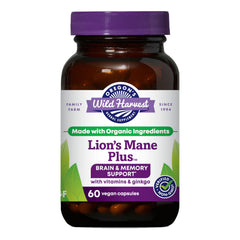 Oregon's Wild Harvest Lions Mane Plus bottle closeup highlighting the brain-focused supplement