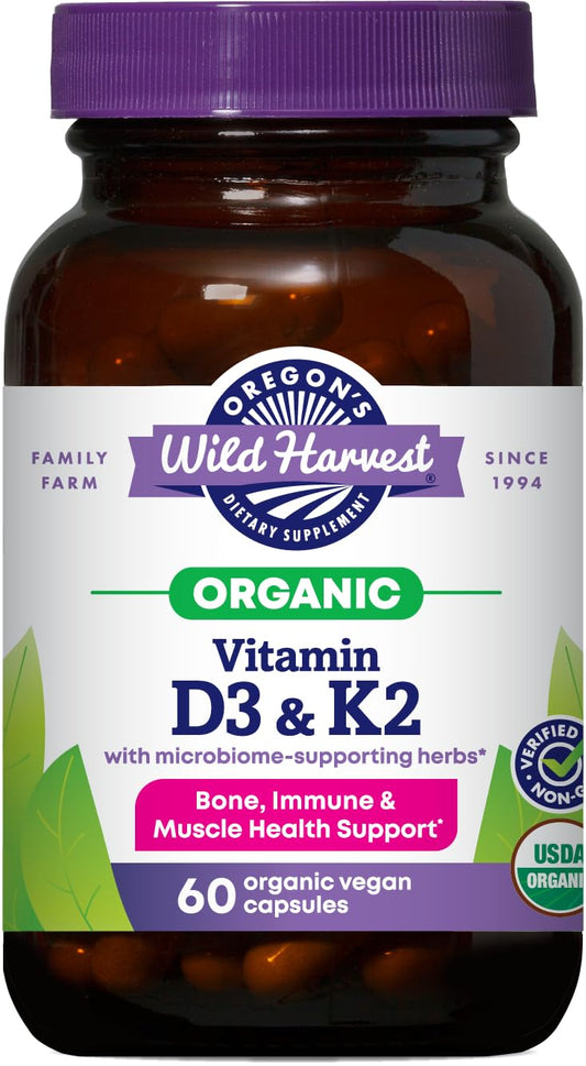 Oregon's Wild Harvest organic D3 and K2 bottle shown for daily bone and immune support