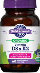 Oregon's Wild Harvest organic D3 and K2 bottle shown for daily bone and immune support
