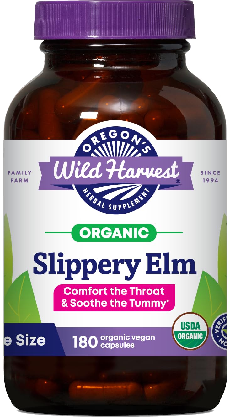 Oregon's Wild Harvest Slippery Elm capsules bottle showing organic vegan formula for throat and digestive comfort
