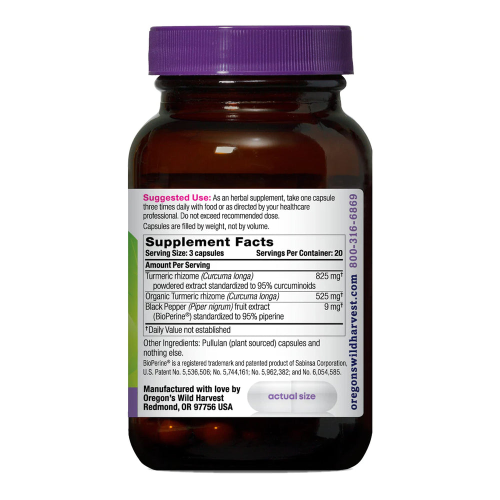 Oregon's Wild Harvest turmeric capsules closeup highlighting vegan capsules and absorption potential.
