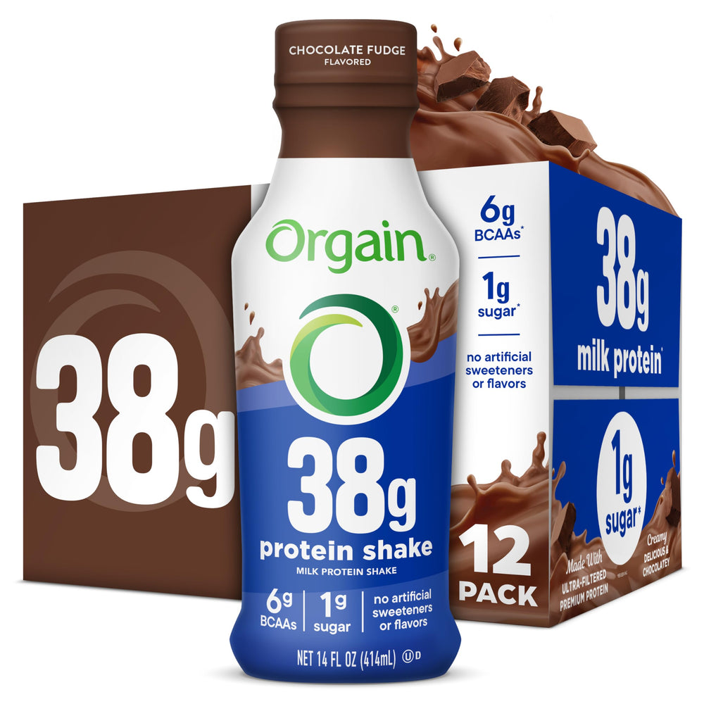 Orgain 38g High Protein Shake bottle in chocolate fudge flavor for on-the-go protein.