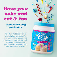 Orgain Birthday Cake nutrition panel shows low sugar and 7g prebiotic fiber.