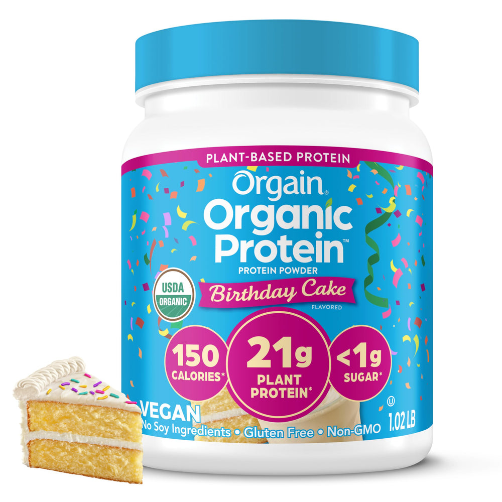 Orgain Birthday Cake protein powder bottle showing organic vegan formula for a creamy, dairy-free shake.