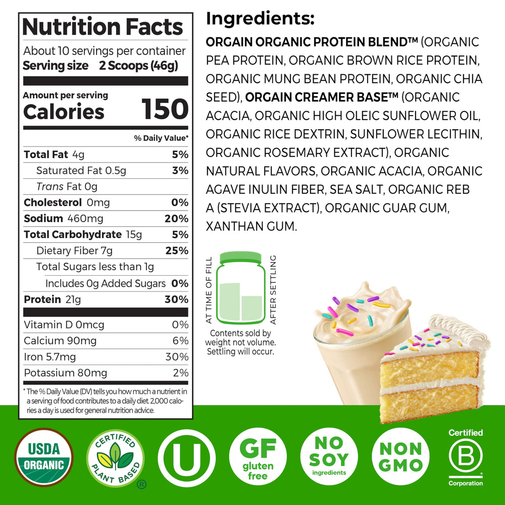 Orgain Birthday Cake tub closeup highlights 21g protein per serving for meals and workouts.