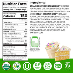 Orgain Birthday Cake tub closeup highlights 21g protein per serving for meals and workouts.