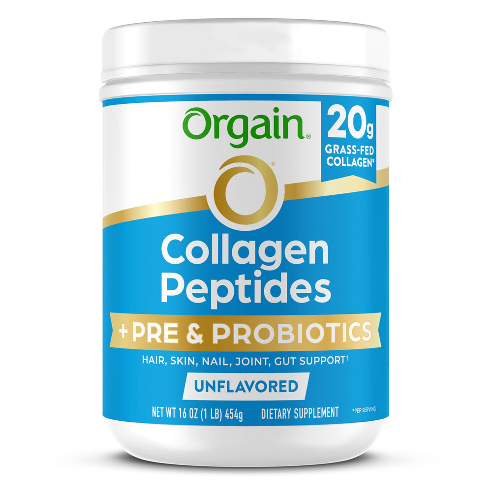 Orgain Collagen Probiotics tub front promotes daily wellness routine