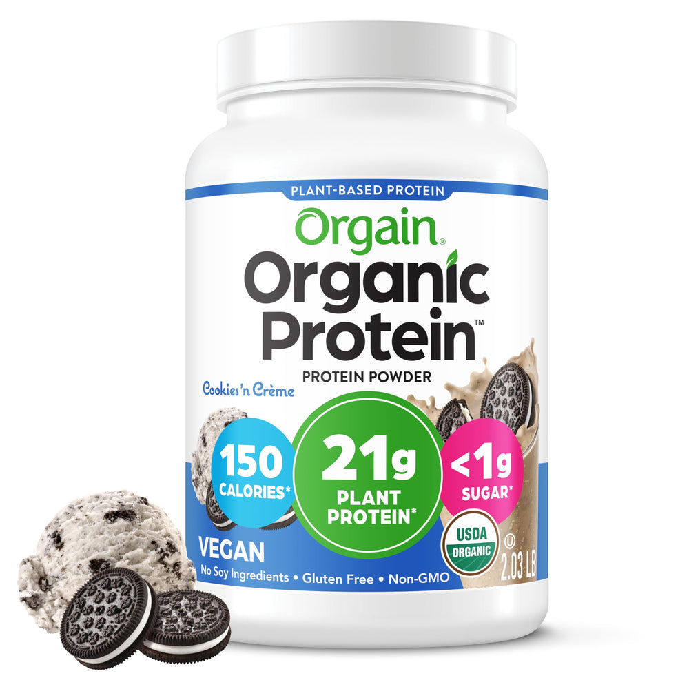 Orgain Cookies and Cream protein powder tub for creamy shakes and smoothies