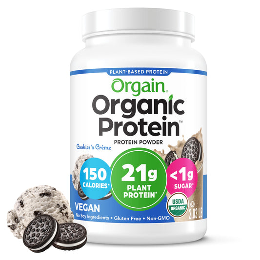 Orgain Cookies and Cream protein powder tub for creamy shakes and smoothies