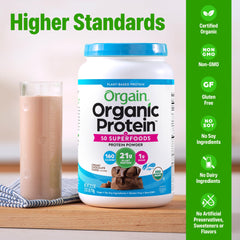 Orgain creamy chocolate fudge flavor; mix with water or plant milk for a quick shake