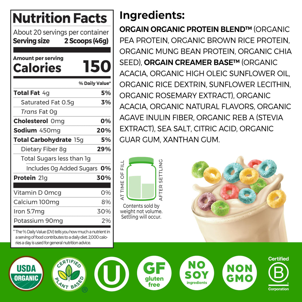 Orgain Fruity Cereal being poured into blender for a smoothie