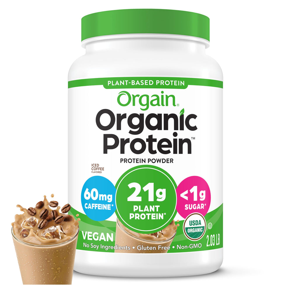 Orgain iced coffee vegan protein powder tub boosts daily plant protein.