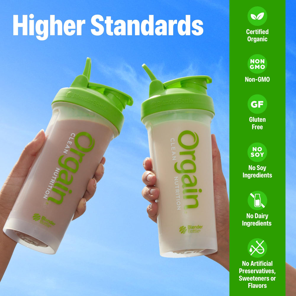 Orgain organic blend of peas, rice, mung beans provides complete protein