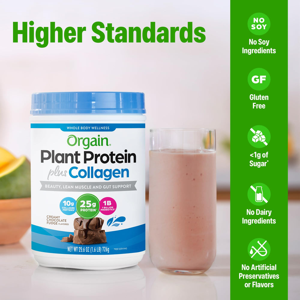 Orgain powder with measuring spoon showing 15g plant protein per serving