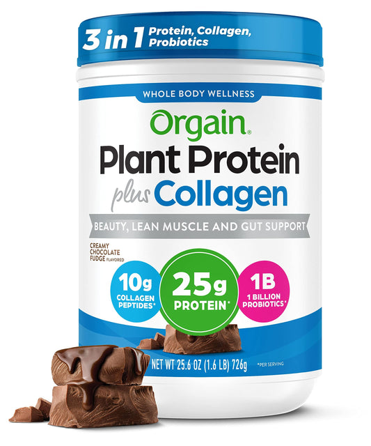 Orgain plant protein with collagen powder scoop in Creamy Chocolate Fudge for a smooth shake