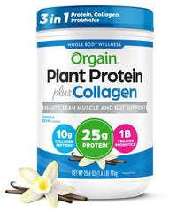 Orgain Vanilla Bean bottle showing the protein + collagen blend for daily nutrition