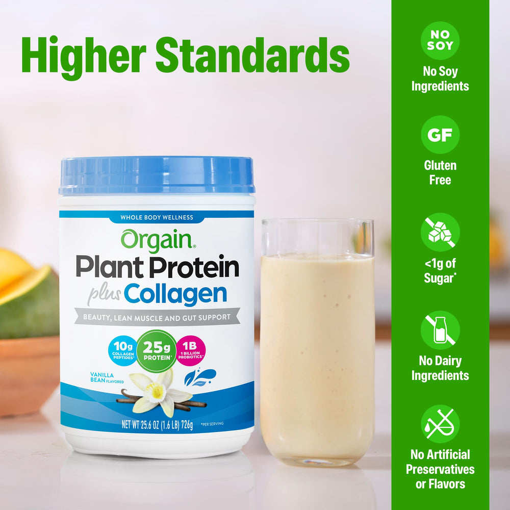 Orgain Vanilla Bean protein and collagen mix being stirred in a blender